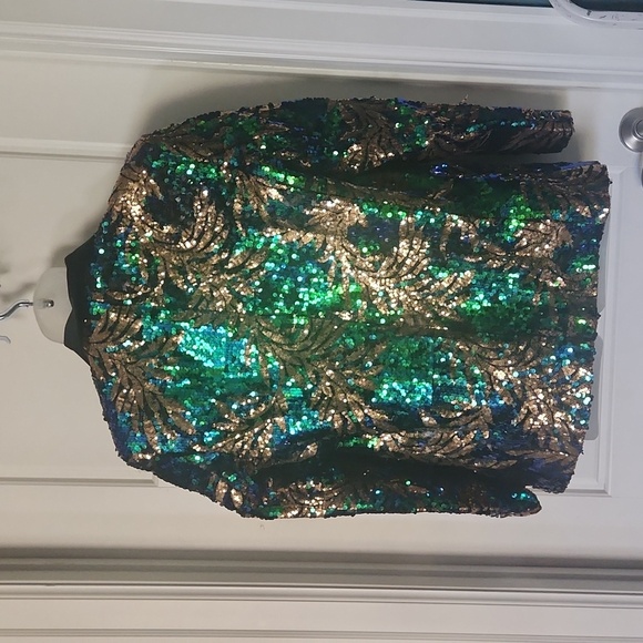 Sequin Blazer For Men Blue/Green/ Gold Leaves Pattern - Picture 13 of 14